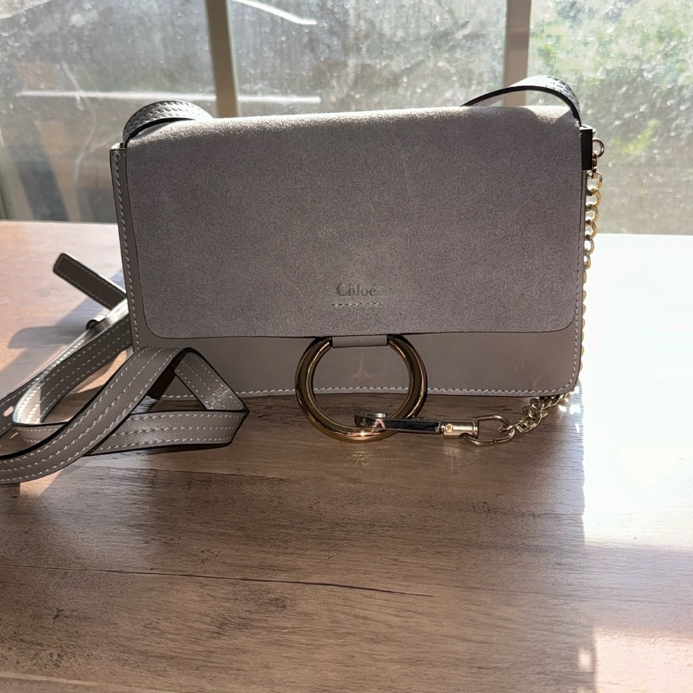 Faye Small Leather and Suede Crossbody Bag in Taupe